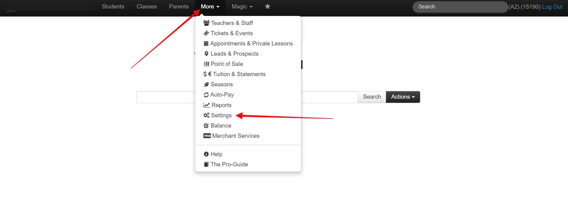 Dropdown menu with "Settings" highlighted.