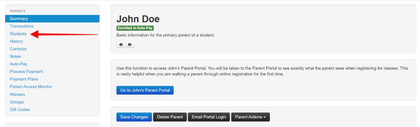 Parent portal interface with menu options.