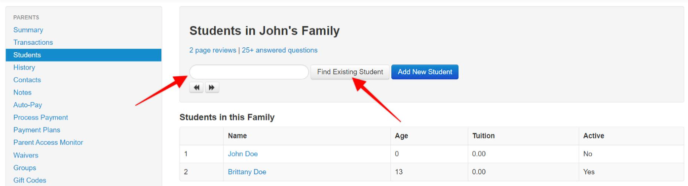 Student list in John's family interface.