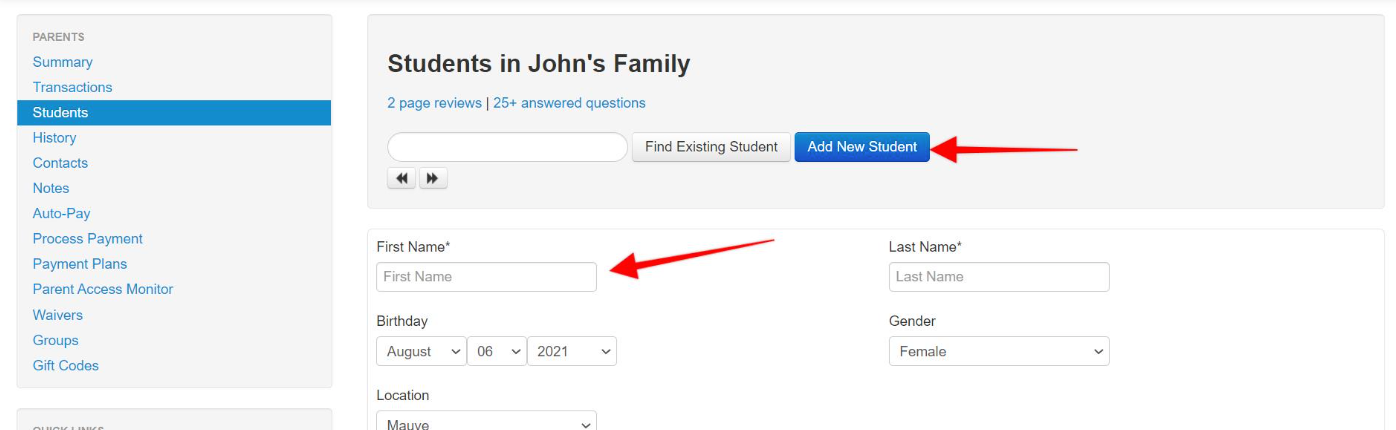 Student information entry form interface.
