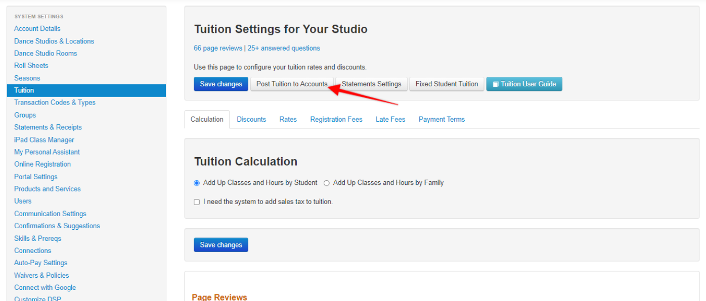 Tuition settings interface with options.