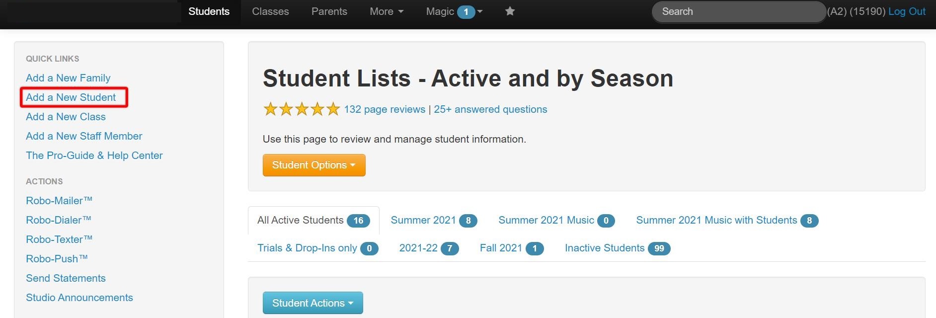 Add a New Student" highlighted in menu.
