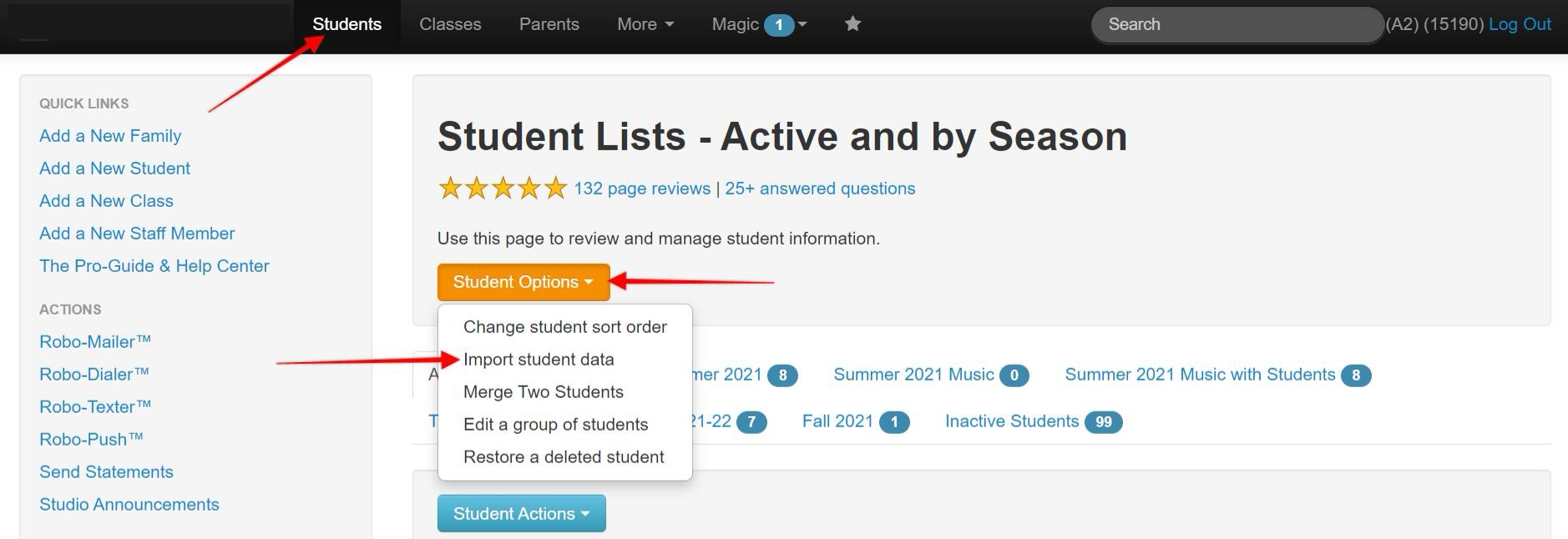 Student management options menu on webpage.