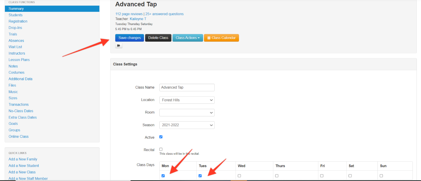 Class settings page with save button highlighted.