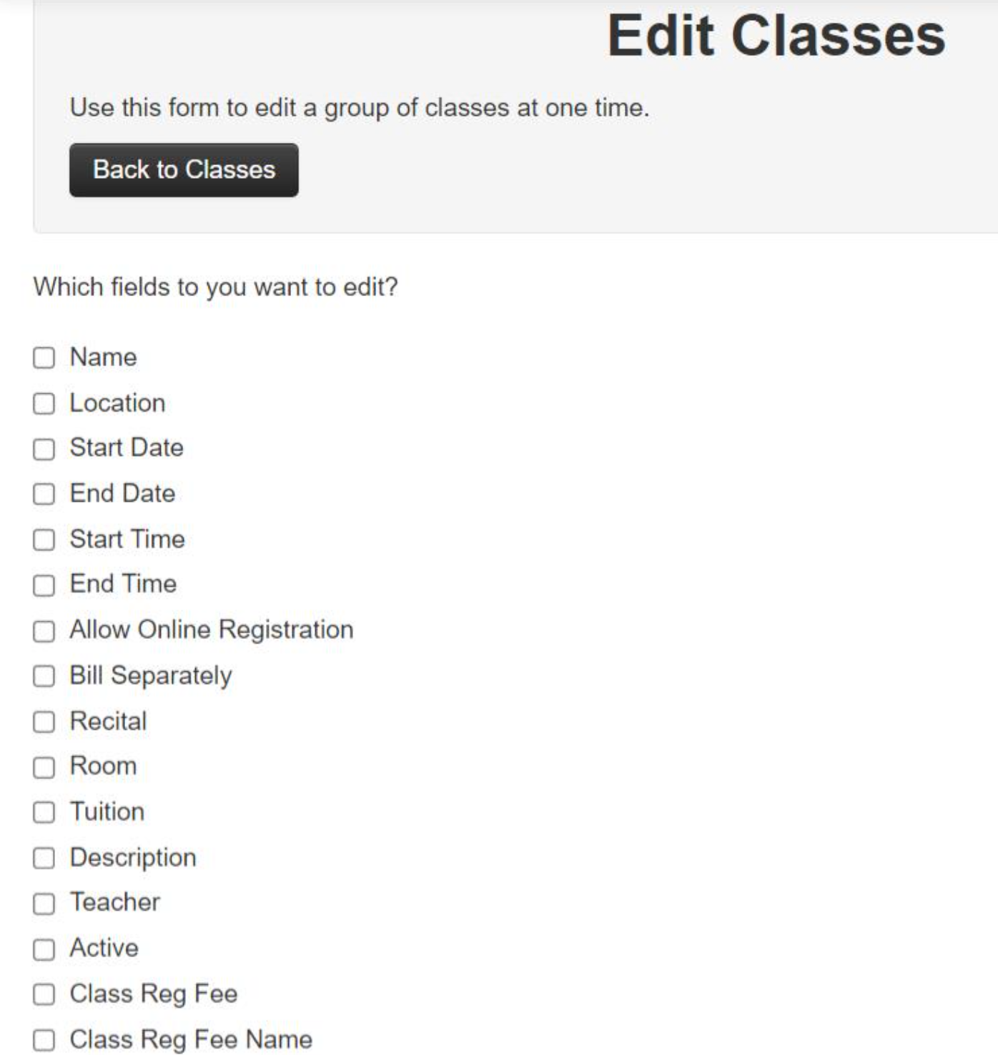 Edit Classes form with field options