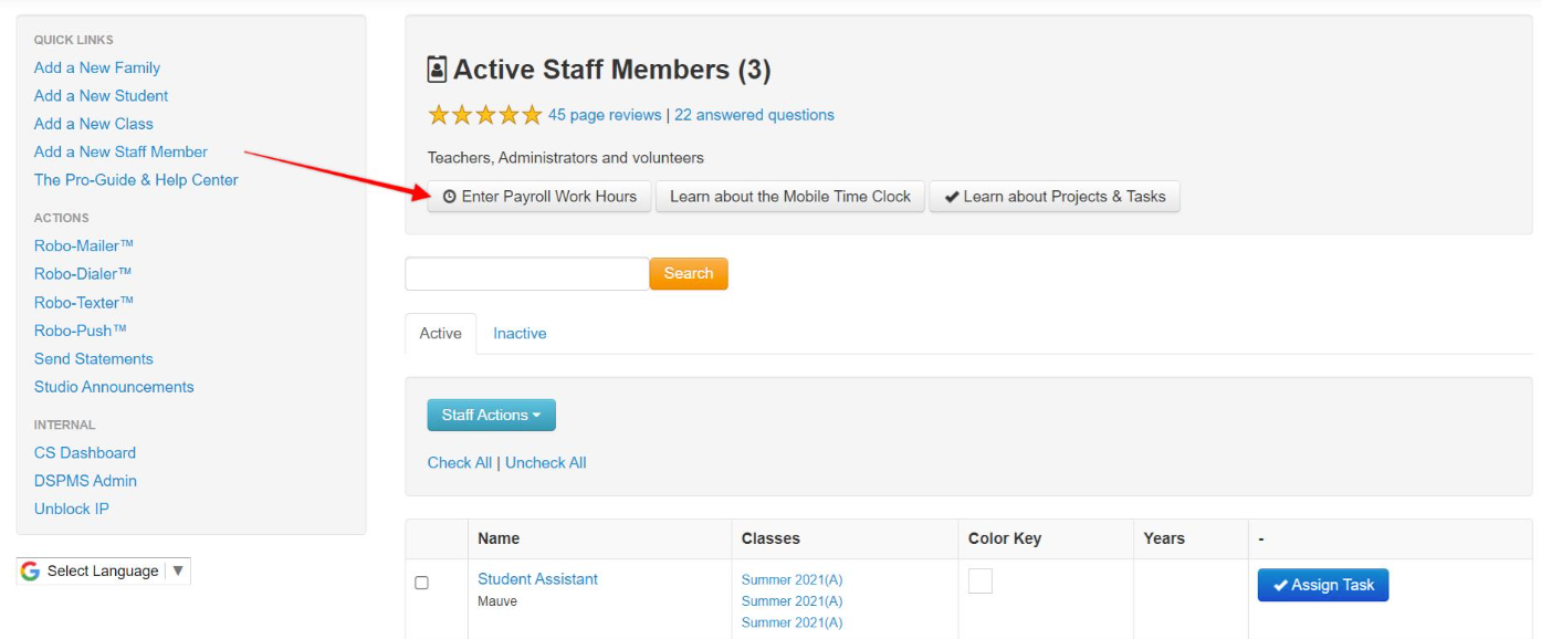 Active Staff Members" page interface.