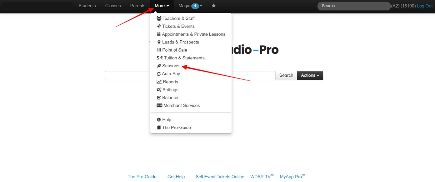 Dropdown menu with various options highlighted.
