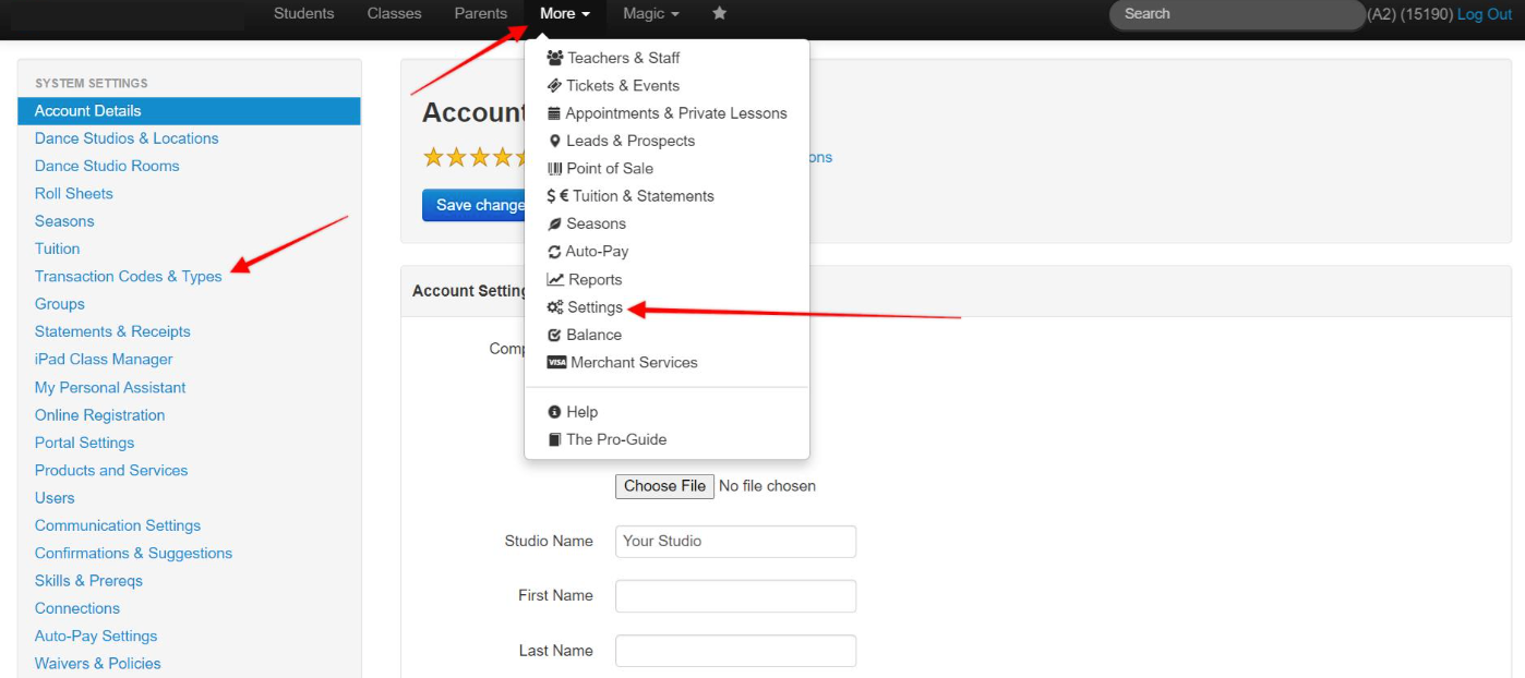 Account settings menu interface.