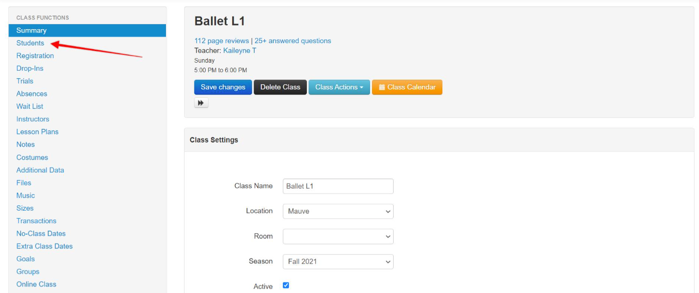 Ballet class settings interface