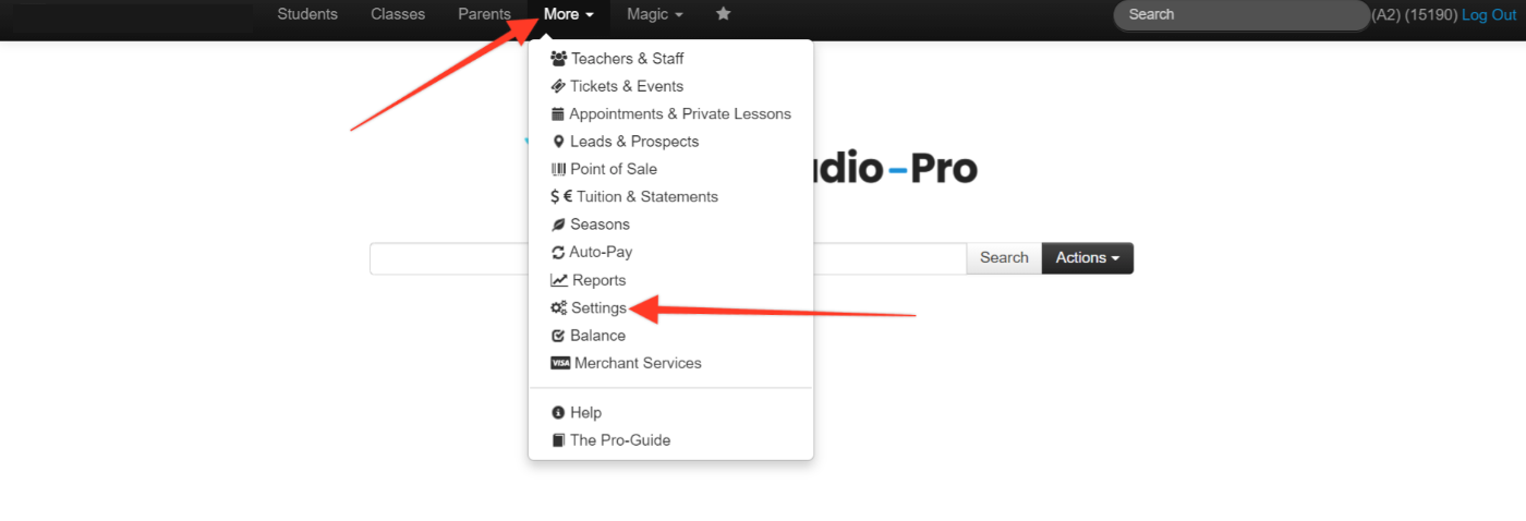 Dropdown menu with settings option highlighted.