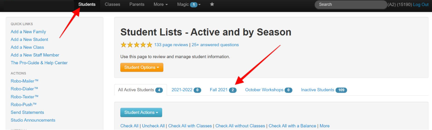 Student management dashboard interface.
