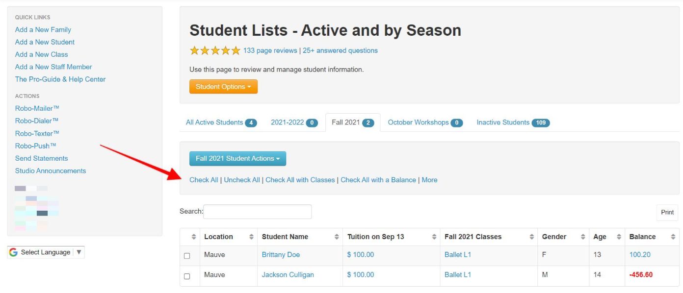 Student list management interface screenshot