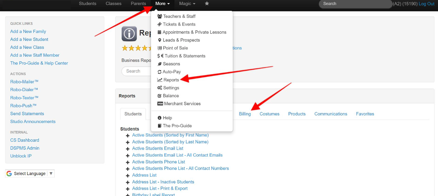 Dropdown menu with navigation options.