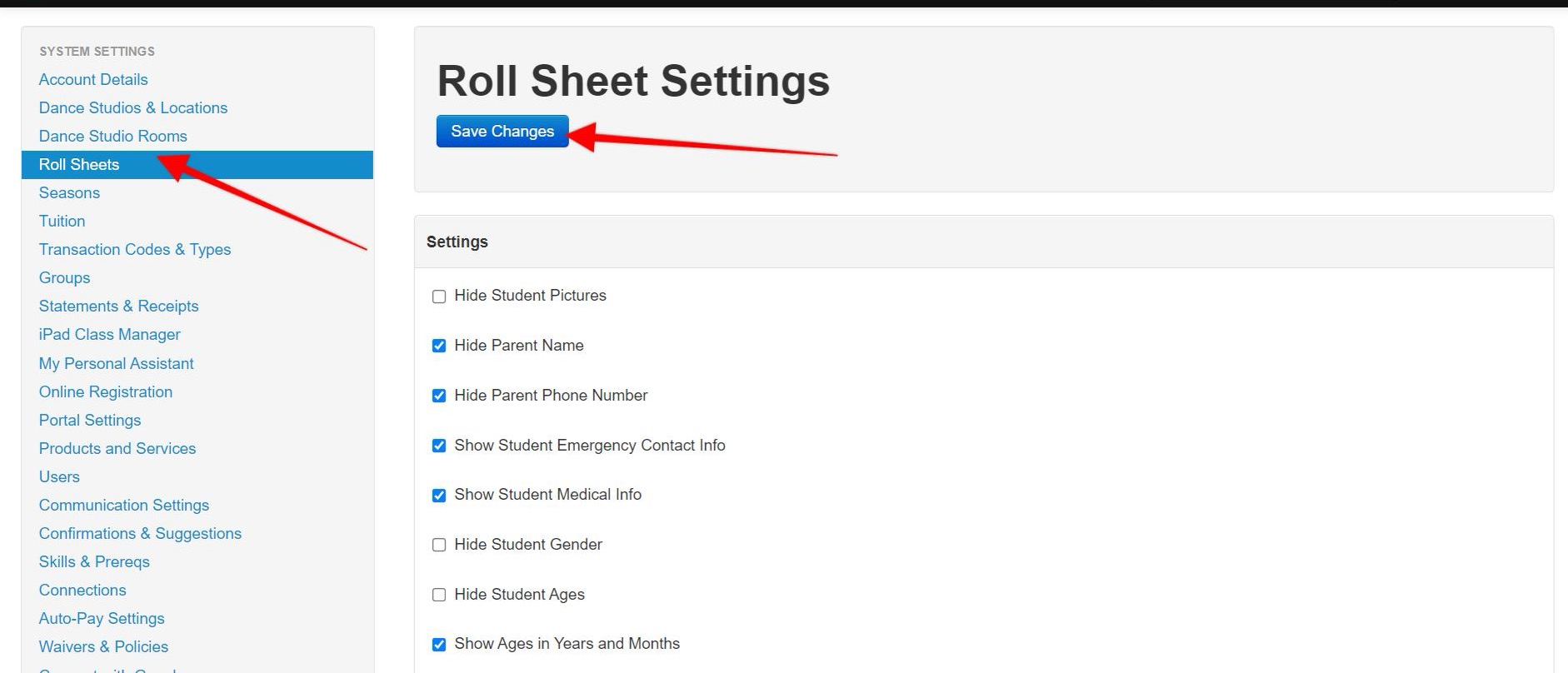 Roll Sheet Settings page with options.