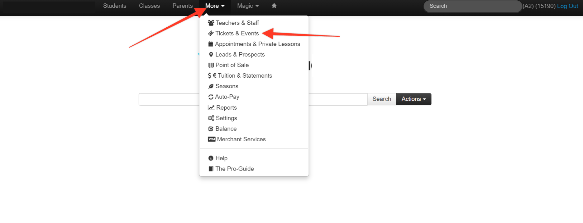 Dropdown menu with various options.