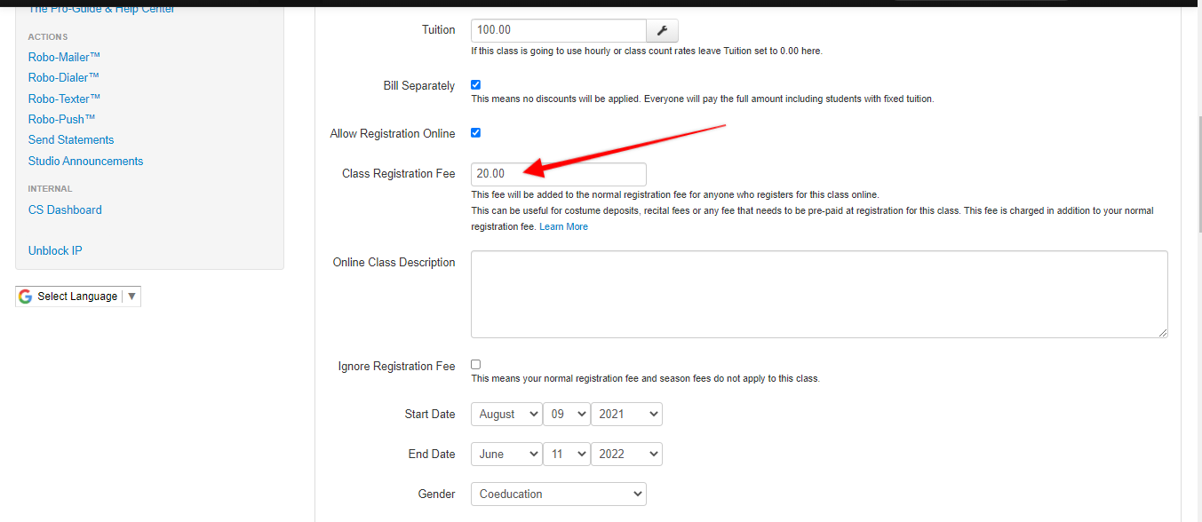 Class registration fee highlighted with arrow.
