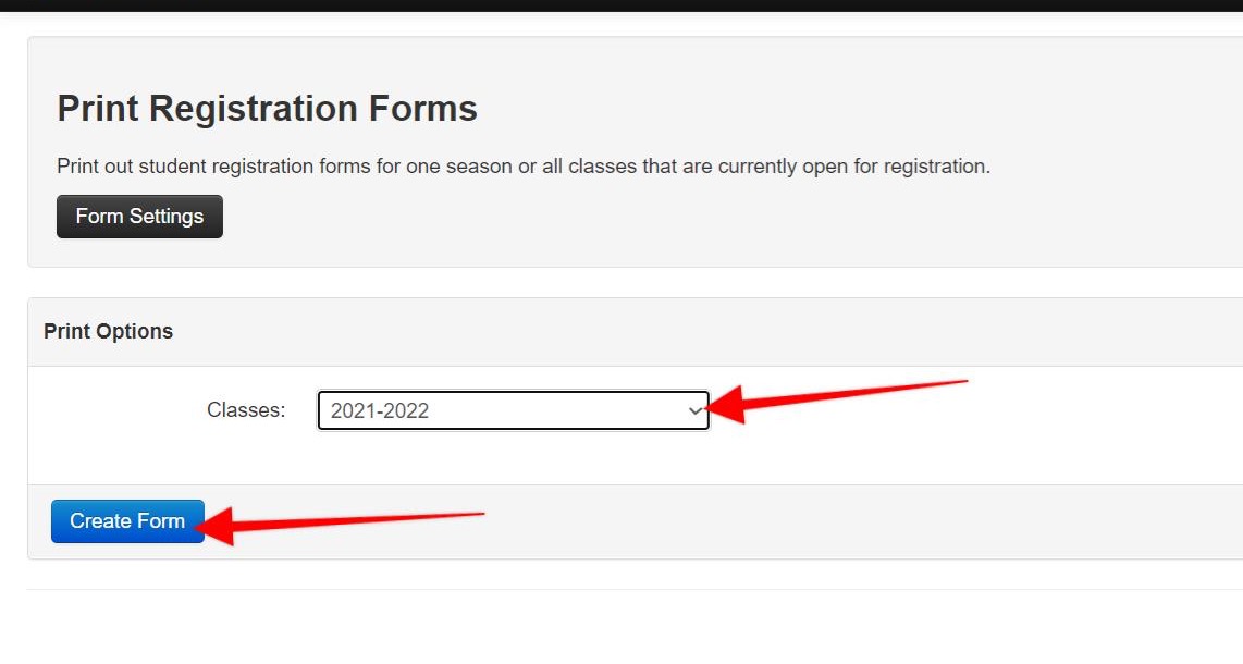 Print Registration Forms page interface