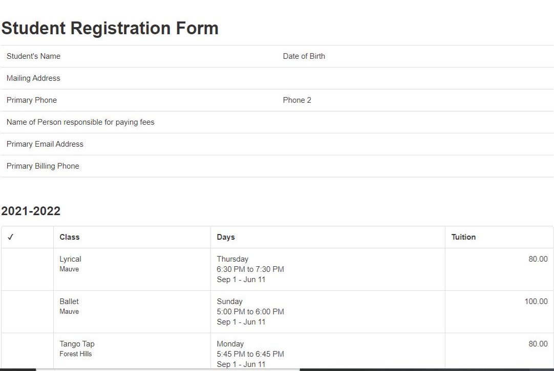 Student registration form with class schedule.