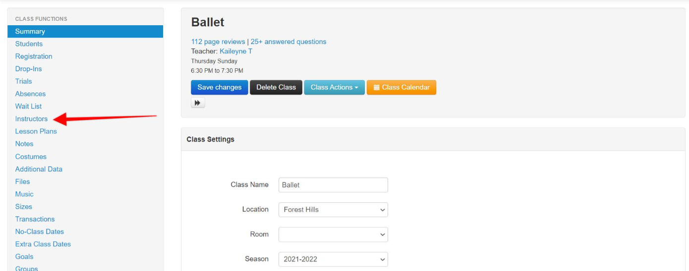 Ballet class settings interface