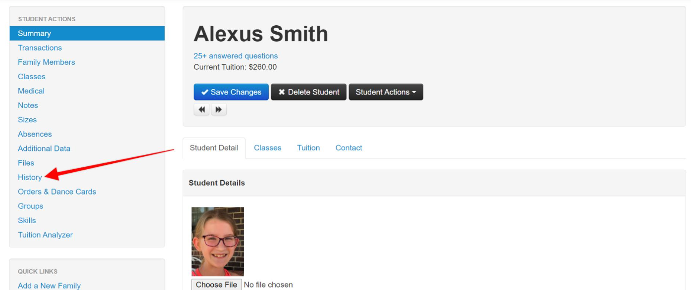 Student profile interface screenshot