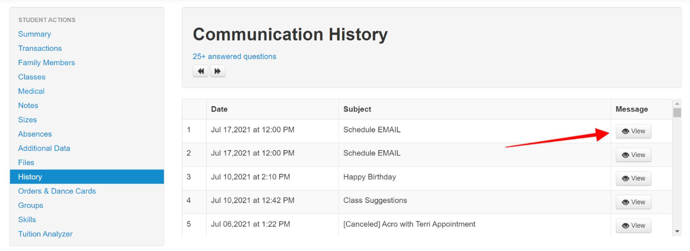 Communication history table with view buttons.