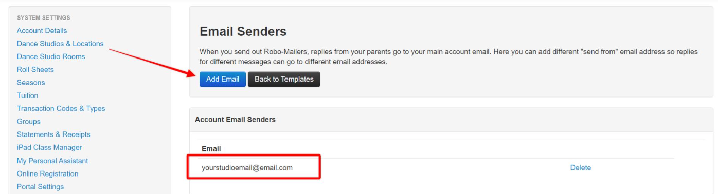 Email settings page with "Add Email" button.
