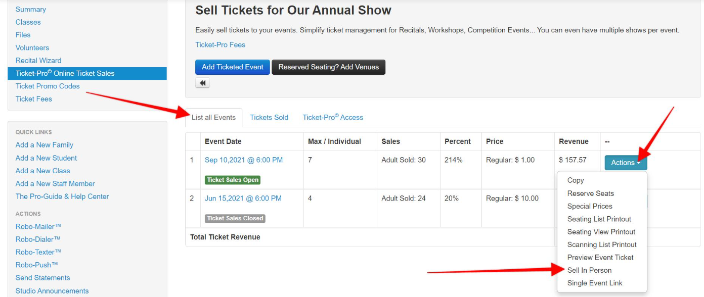 Ticket sales management interface screenshot.