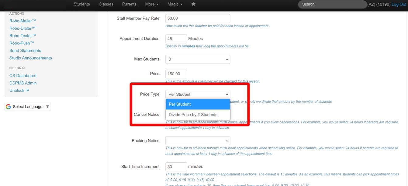 Price type dropdown menu highlighted.