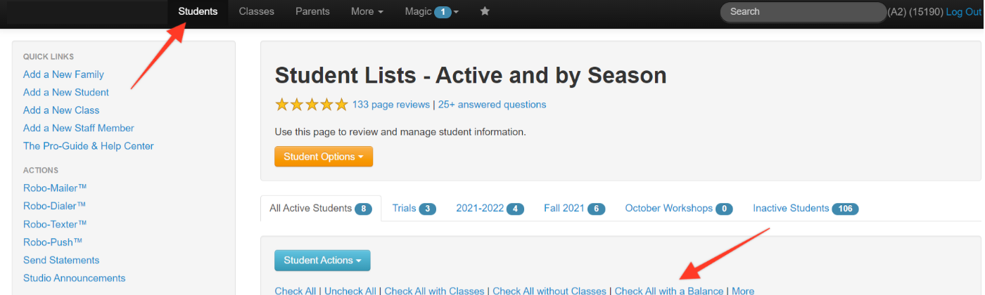 Student management webpage interface