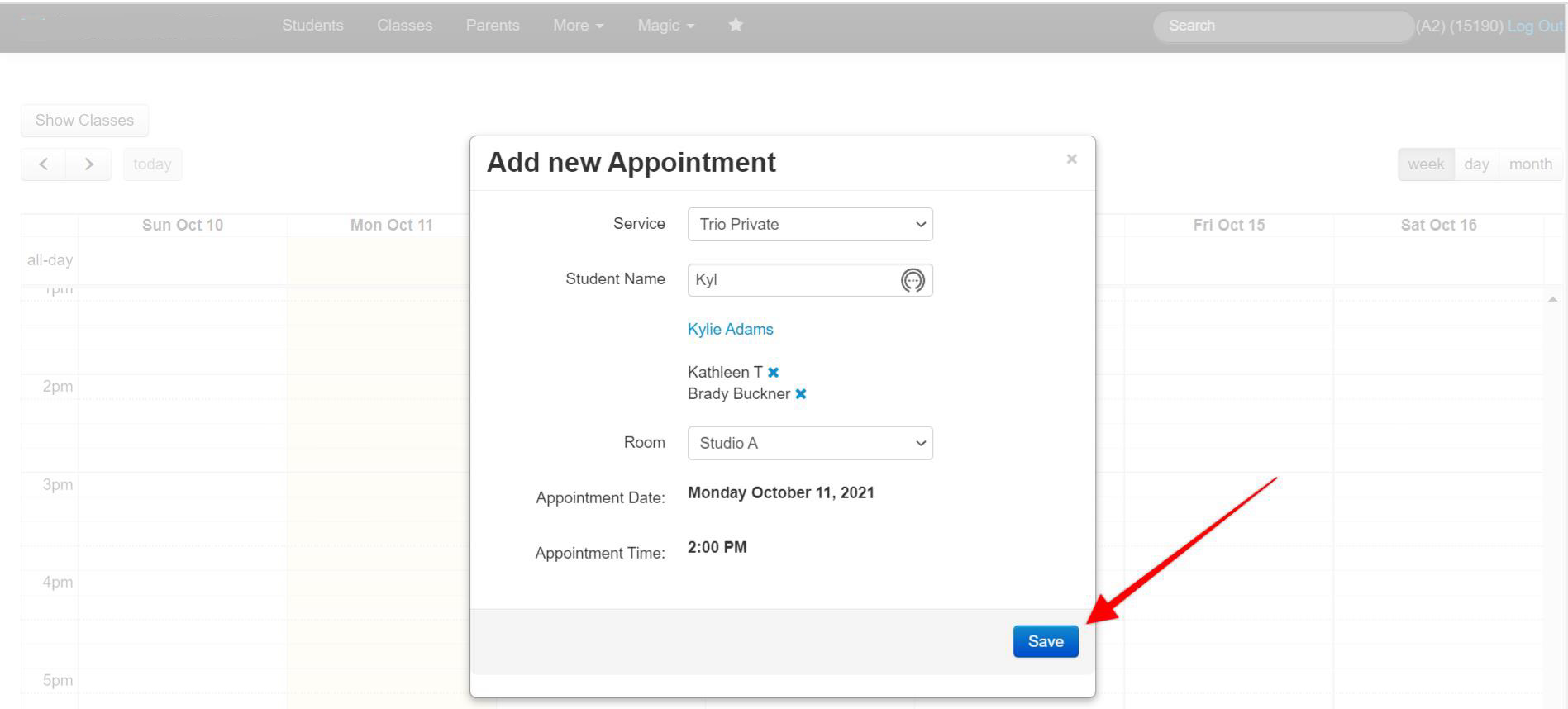 Appointment form with "Save" button highlighted.
