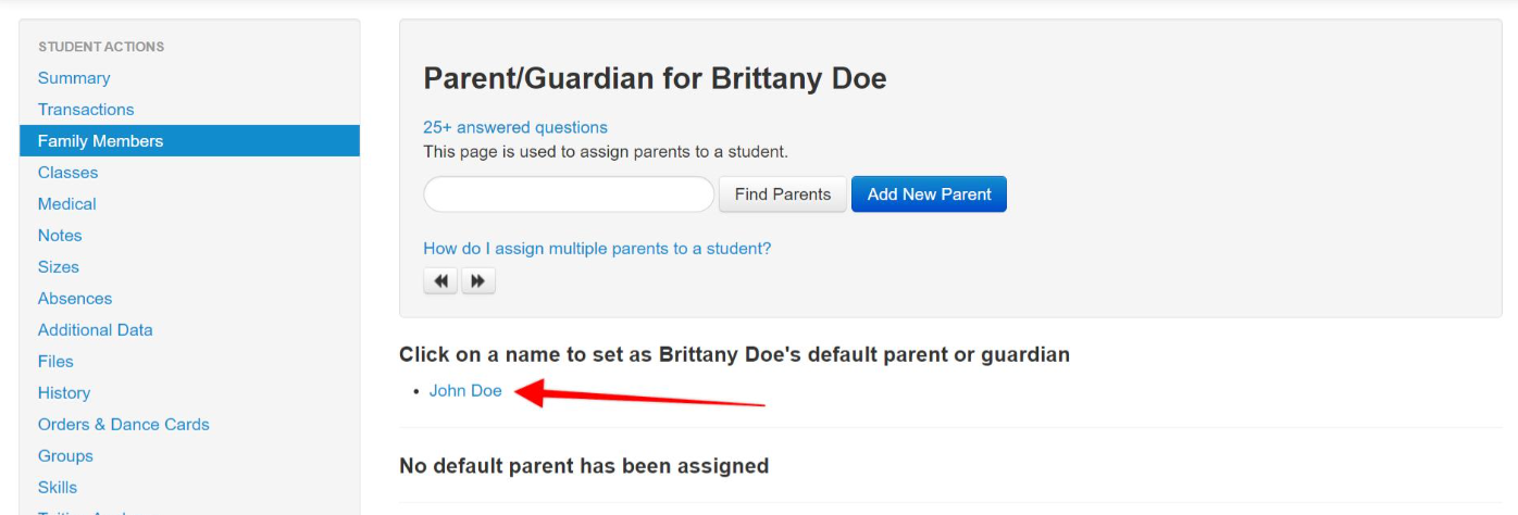 Parent/Guardian selection for Brittany Doe