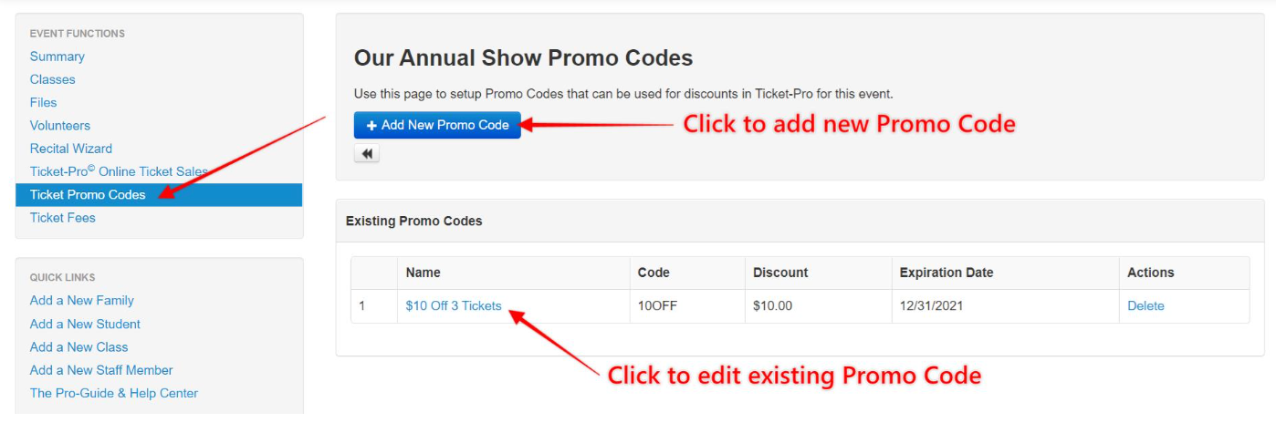 Promo code management interface screenshot