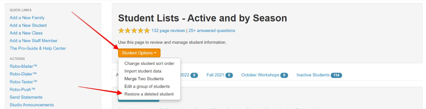 Student management options dropdown menu