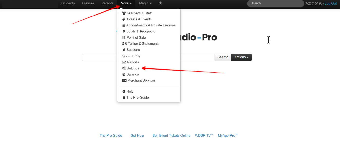 Dropdown menu with settings option highlighted.