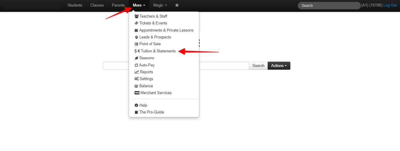 Dropdown menu with various options.