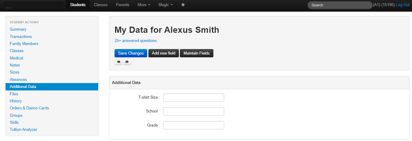 Student data entry form interface.