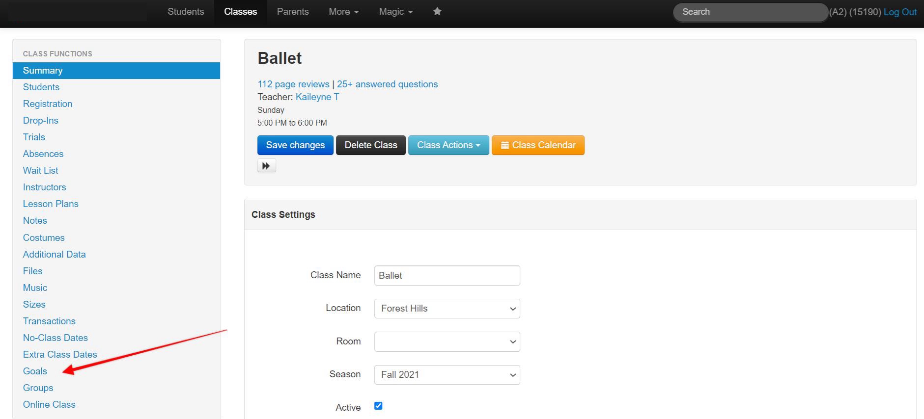Ballet class settings page interface