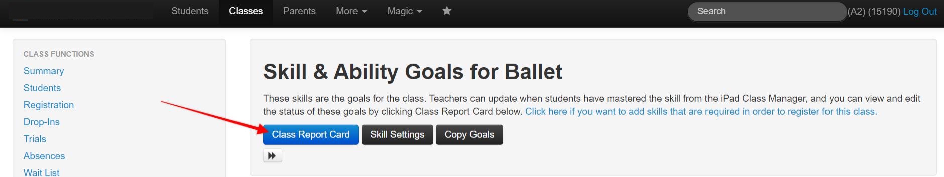 Class functions menu with report card button.