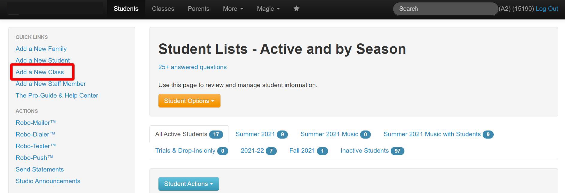 Add a New Class" link highlighted.