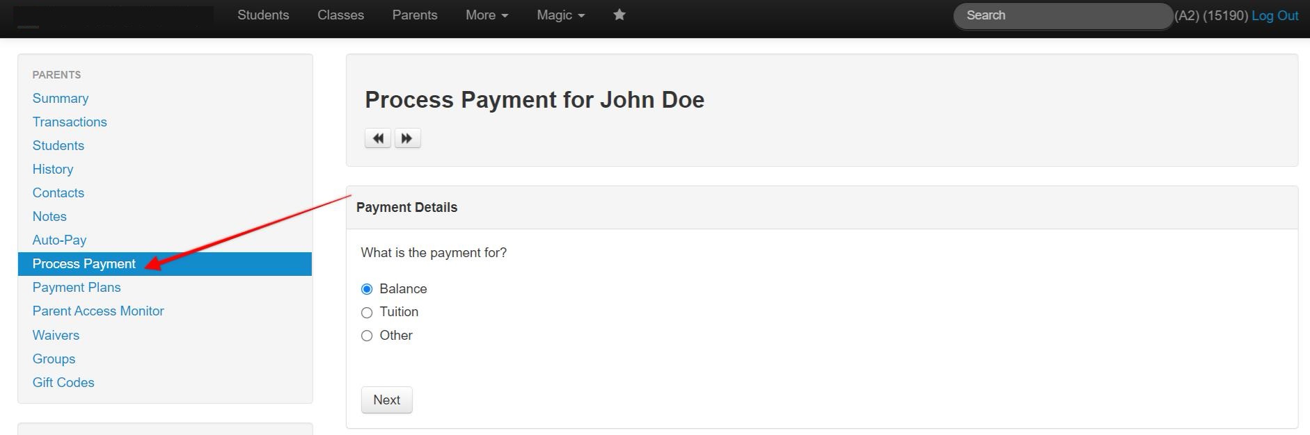 Payment processing screen interface.