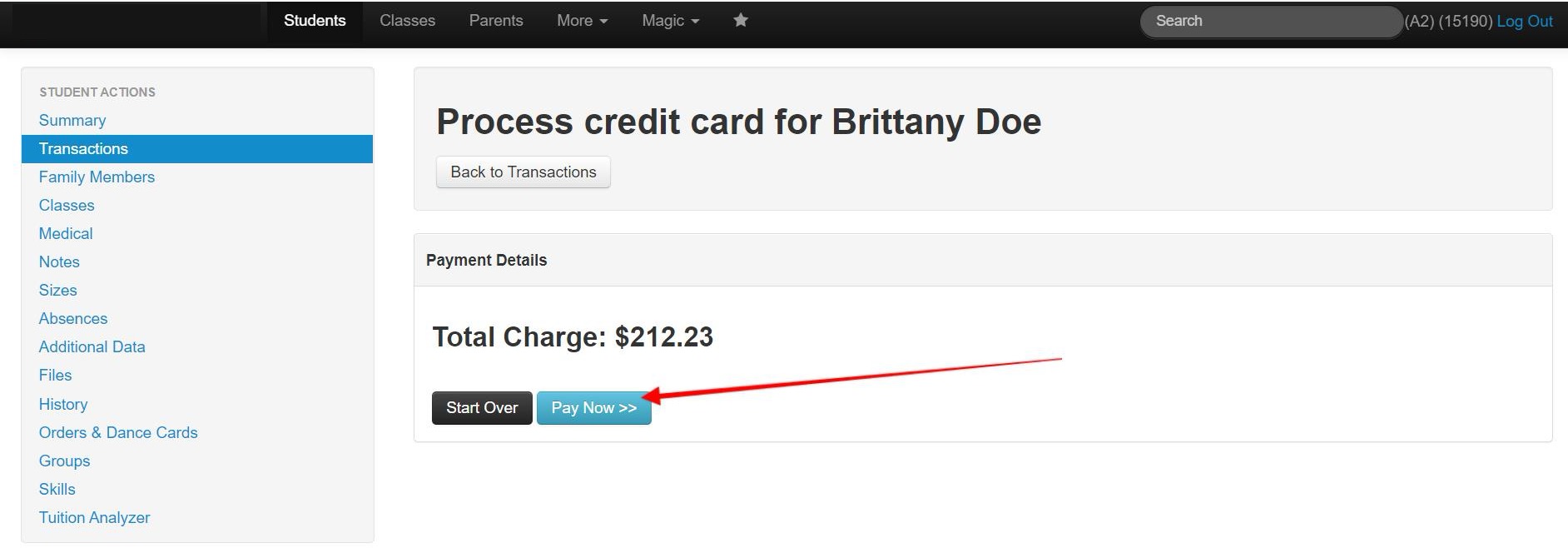 Credit card payment screen with Pay Now button.