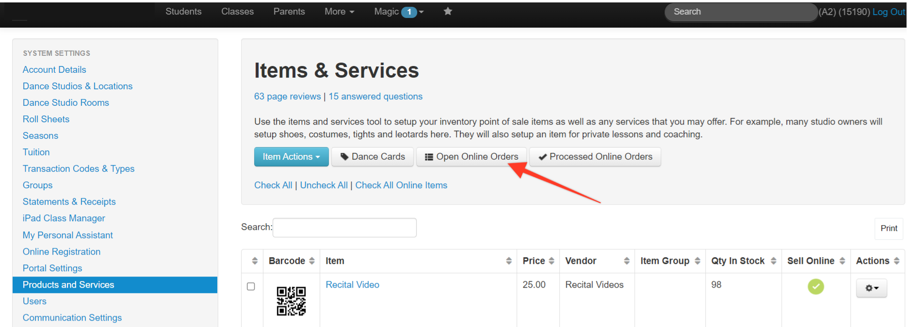 Items & Services dashboard interface