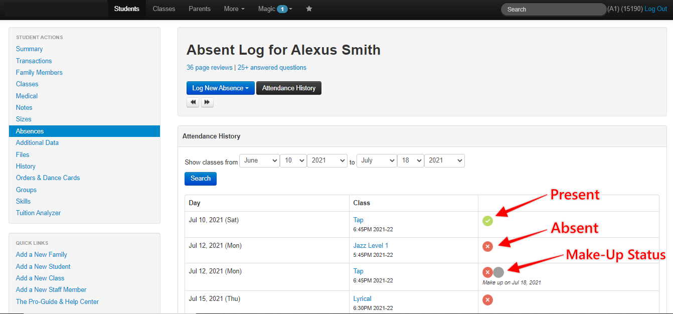Attendance log with present and absent status.