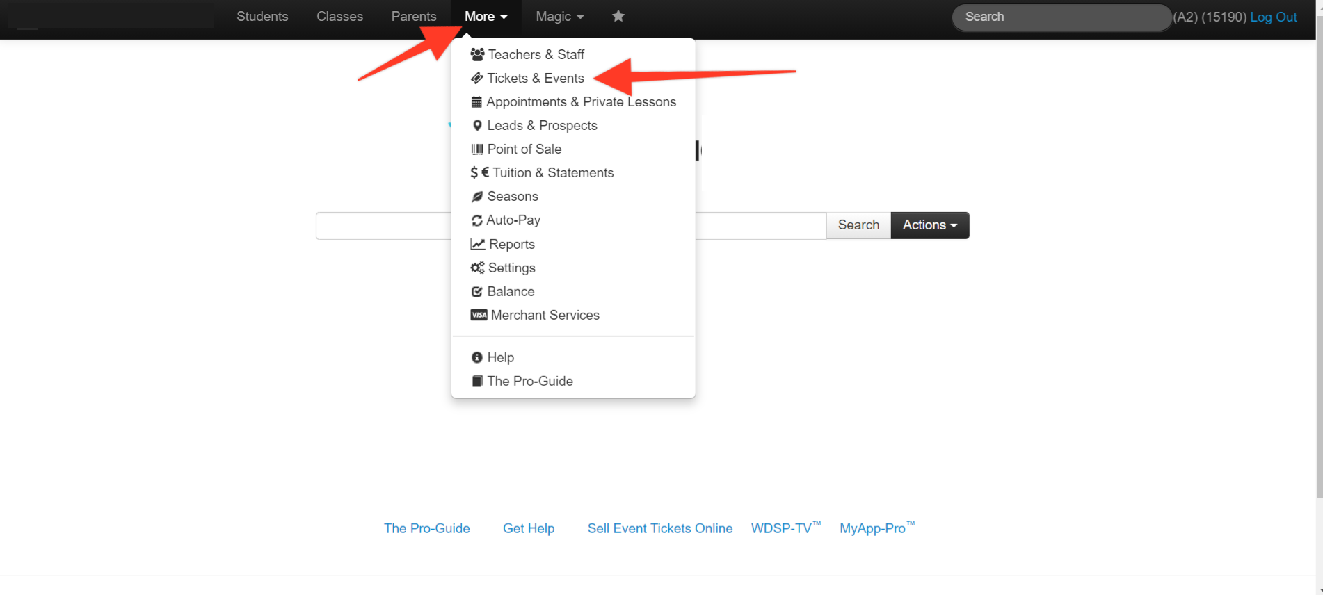 Select More from top navigation, then select Tickets & Events.