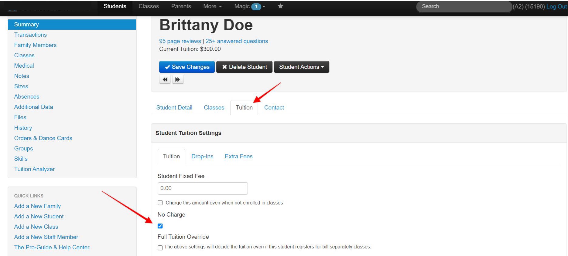Student tuition settings page interface.