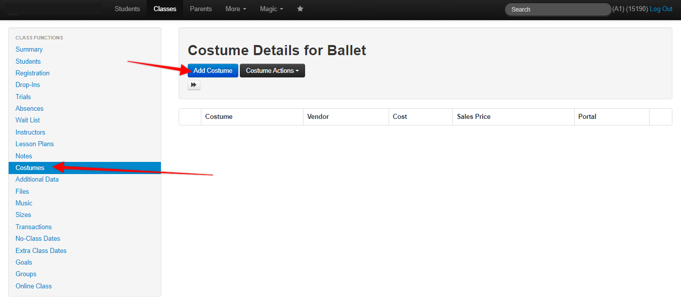 Costume details page for ballet class.