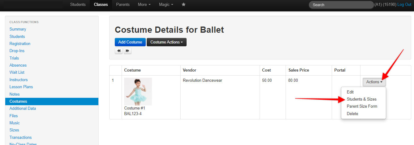 Costume details page with action menu open.