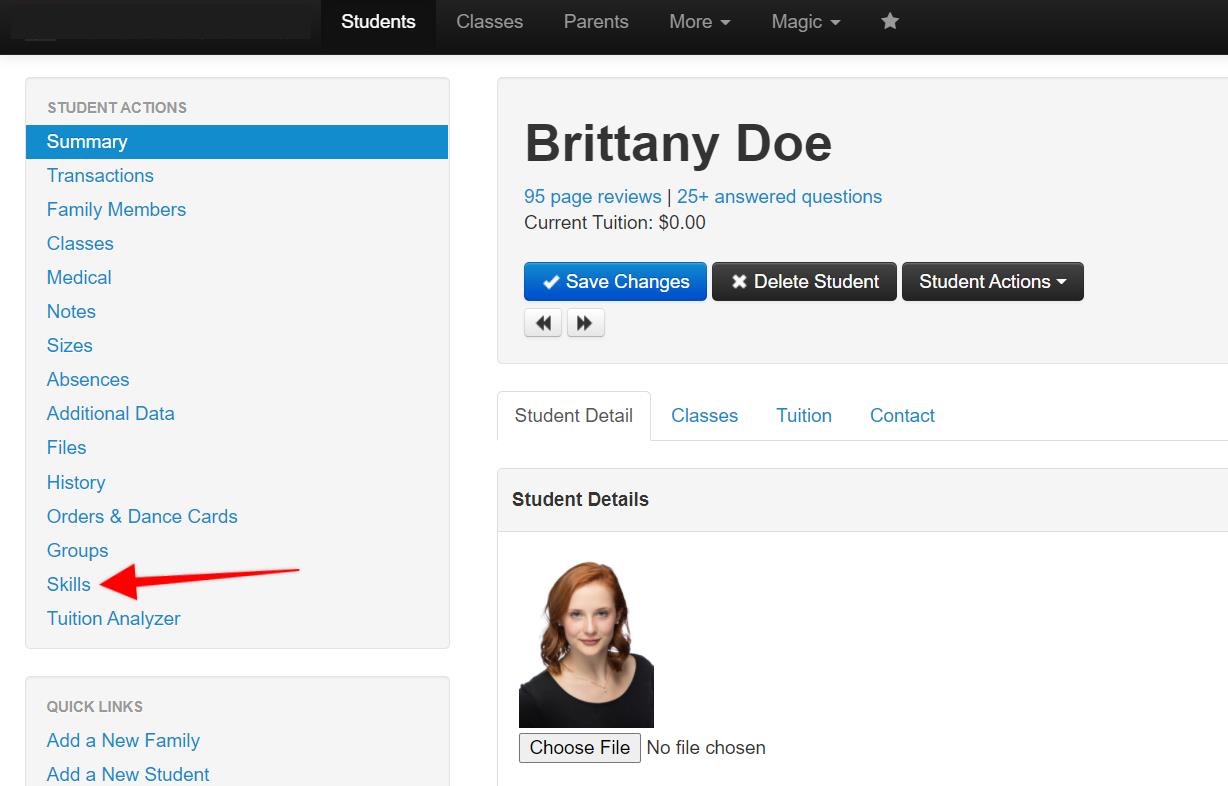 Student profile management interface.