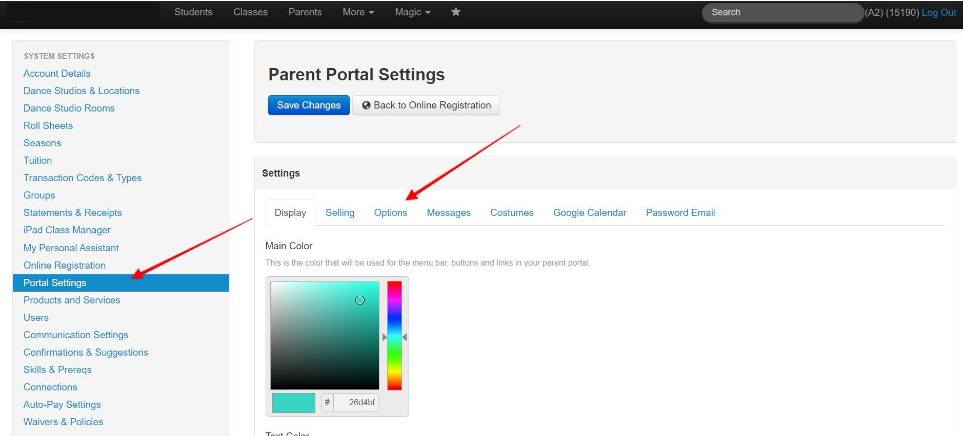 Parent Portal Settings interface screen.