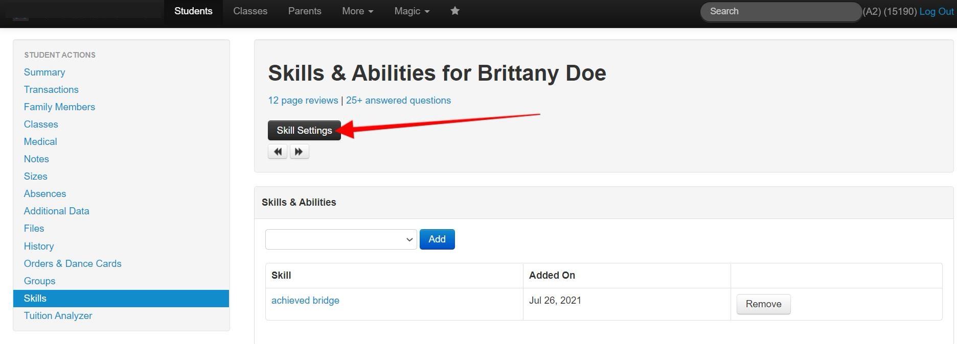 Skills & Abilities settings page interface.